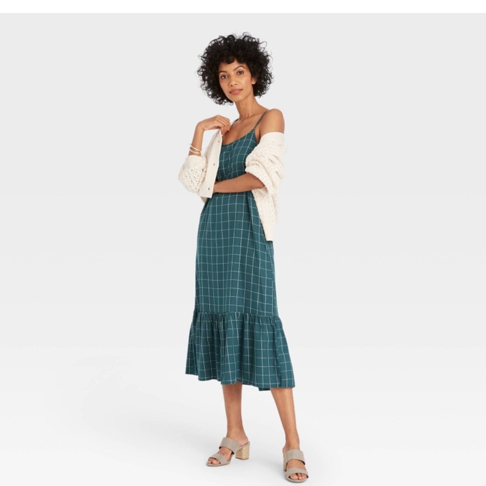 Women's Plaid Sleeveless Ruffle Hem Dress - A New Day Blue S